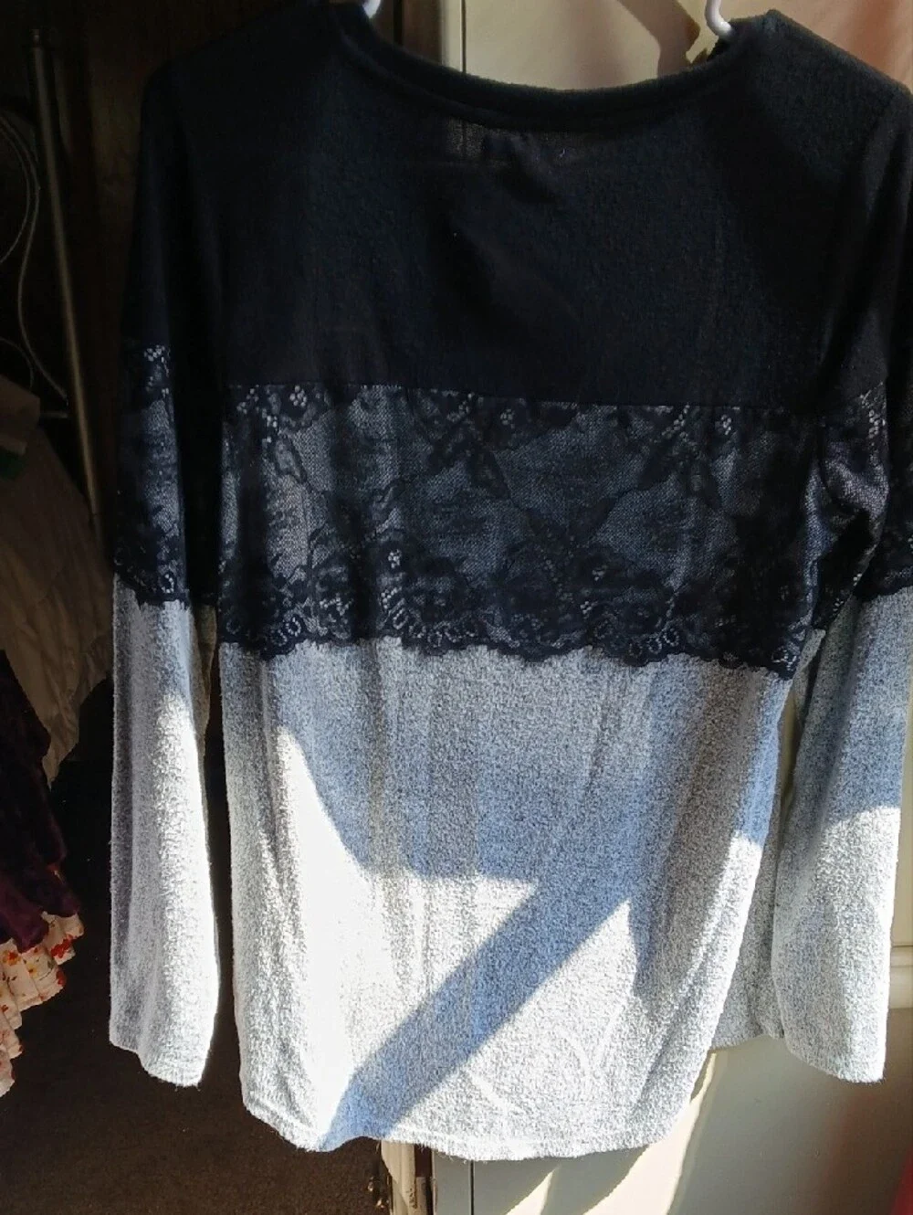 Maurices Black and Light Gray Lace-Trim Colorblock Crewneck